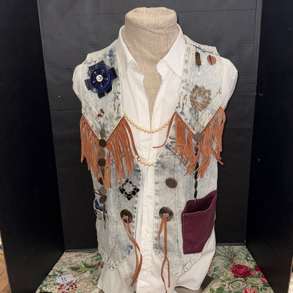 Reimagined Artistic Vintage Denim Vest with Abstract Charms Sz S/M